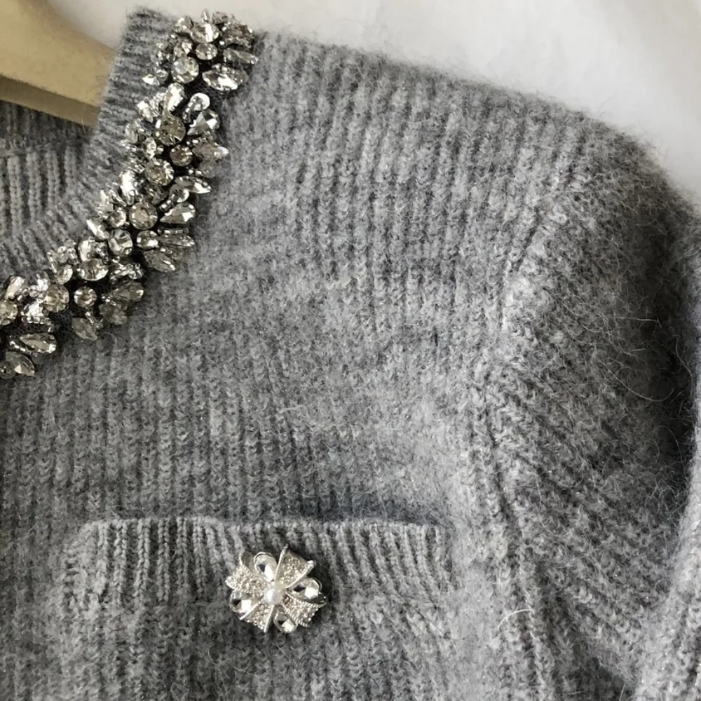 Self Portrait Grey Fluffy Crystal Trim Cardigan - Picture 8 of 13